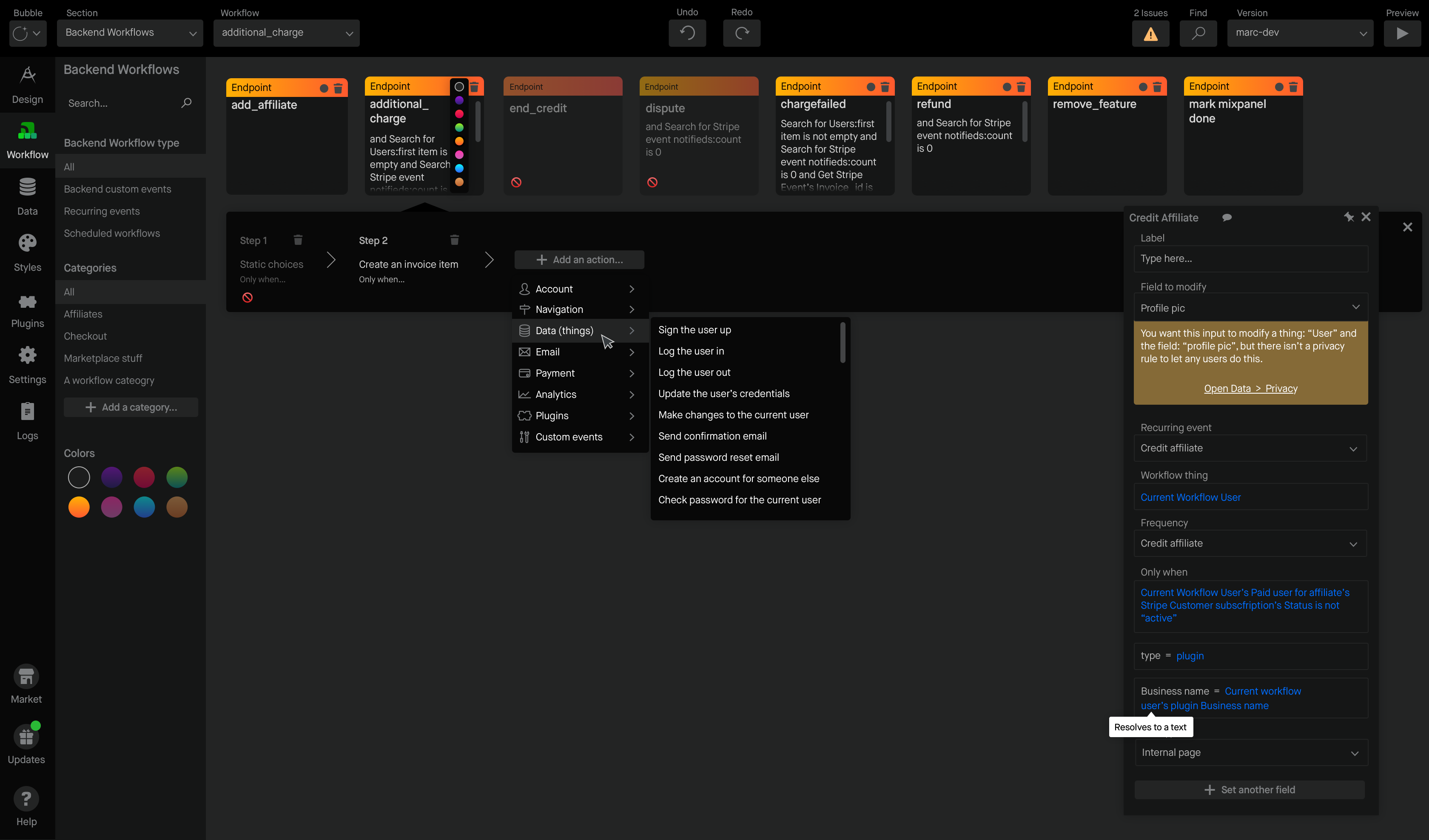 Bubble API workflows tab
